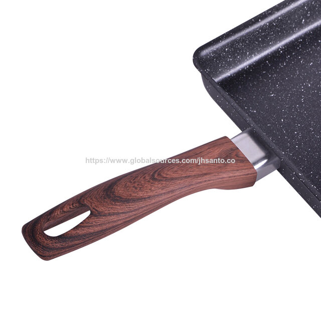 Poêle à tamagoyaki en acier au carbone avec revêtement en marbre et manche en bois doux - Idéal pour un usage professionnel