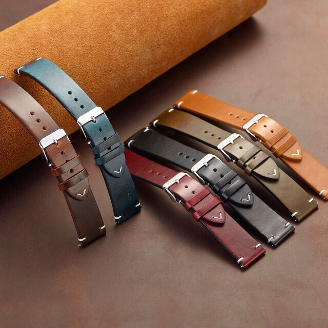 Bracelets de montre en cuir de vachette italien vintage ciré à l'huile et changeant de couleur, disponibles en sept couleurs.