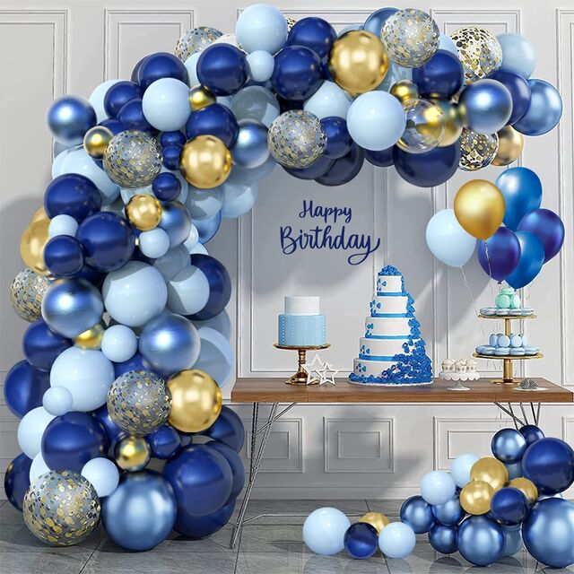 Heißer Verkaufs-Marineblauer Ballonbogen-Bausatz zum Geburtstag mit weißen Chromgold-Konfetti-Ballons für Partydekor Blaue Ballongirlanden