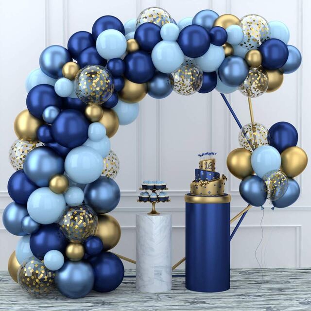 Heißer Verkaufs-Marineblauer Ballonbogen-Bausatz zum Geburtstag mit weißen Chromgold-Konfetti-Ballons für Partydekor Blaue Ballongirlanden