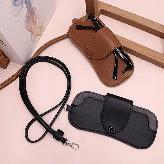 Funda portátil para gafas de cuero PU para colgar del cuello