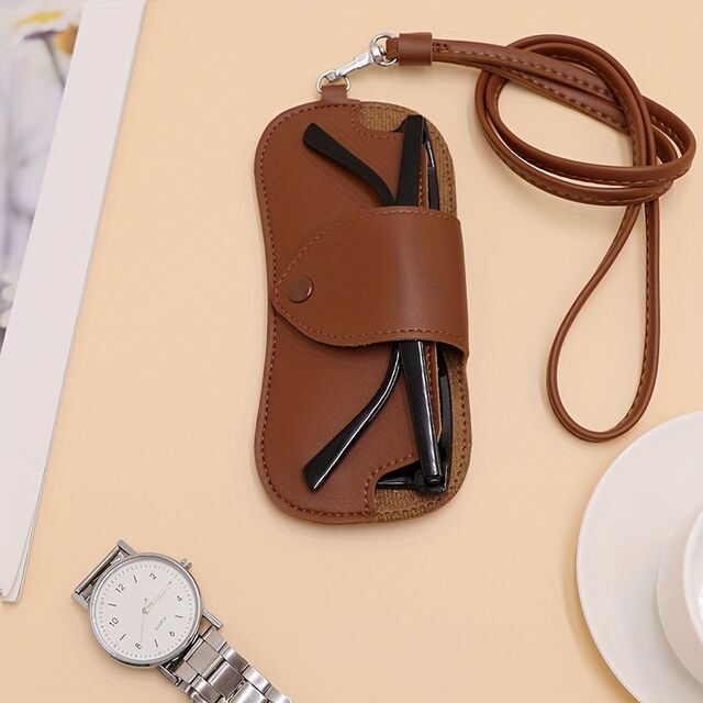 Funda portátil para gafas de cuero PU para colgar del cuello