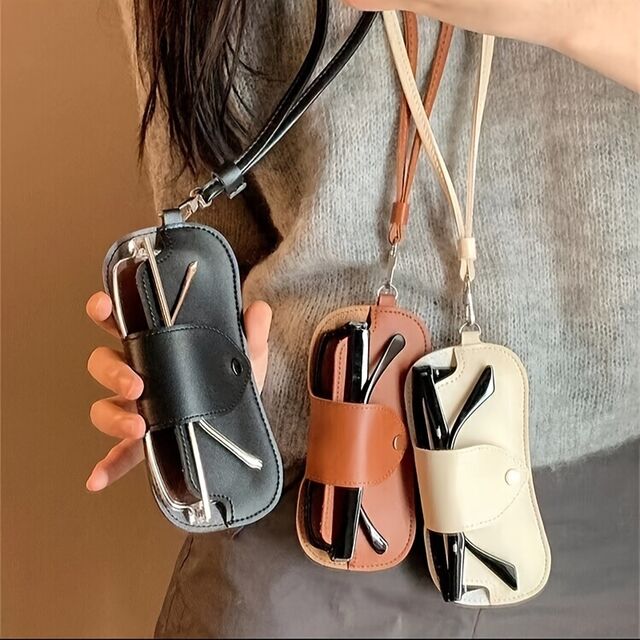 Funda portátil para gafas de cuero PU para colgar del cuello