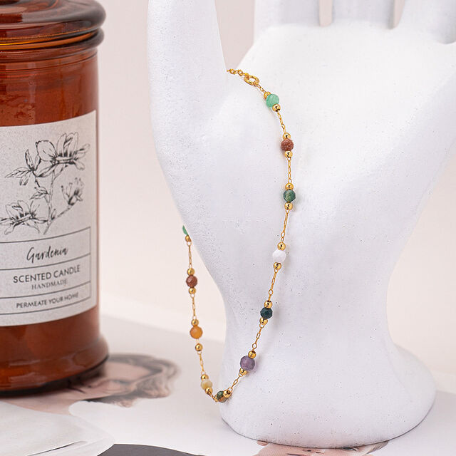 SISSLIA Multicolor Elegant Natural Stone Gold Chain Colorful Stone Bobble Choker Handmade Beaded Chain Necklace