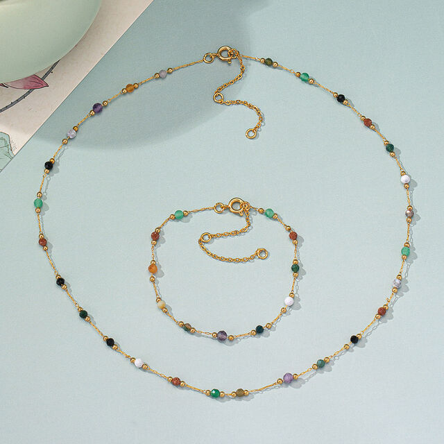 SISSLIA Multicolor Elegant Natural Stone Gold Chain Colorful Stone Bobble Choker Handmade Beaded Chain Necklace