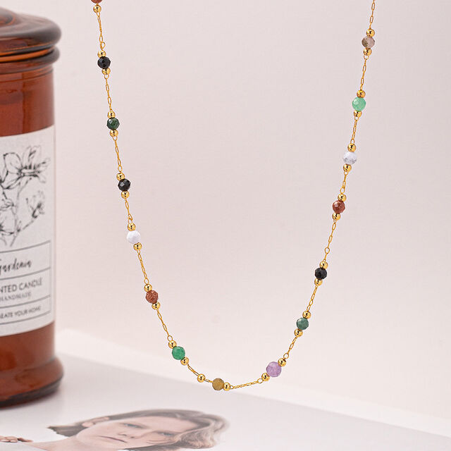 SISSLIA Multicolor Elegant Natural Stone Gold Chain Colorful Stone Bobble Choker Handmade Beaded Chain Necklace