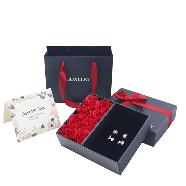 Caja de regalo de joyería con lazo de ocho, anillo, collar, tachuela, cubierta superior e inferior, cajas de regalo de joyería para embalaje de joyería
