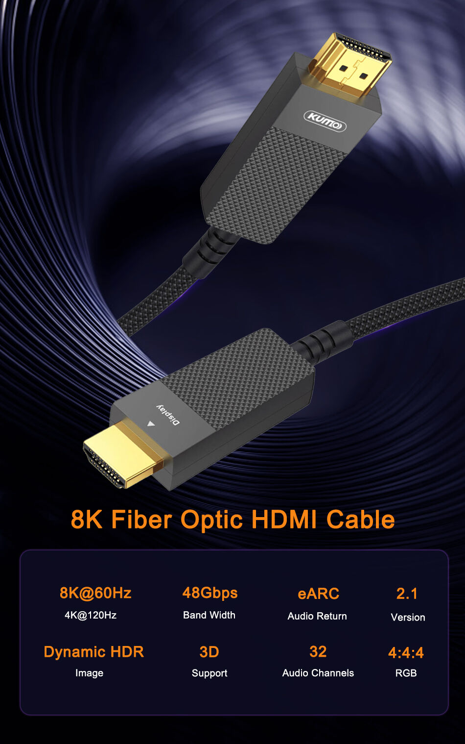 Akake 8K HDMI Fiber Optic Cable 2.1-50M Unidirectional Ultra 48Gbps High Speed HDMI Cord, 3D, 8K60, 4K120, 144Hz - Gold Plated, Braided Cord - Ideal