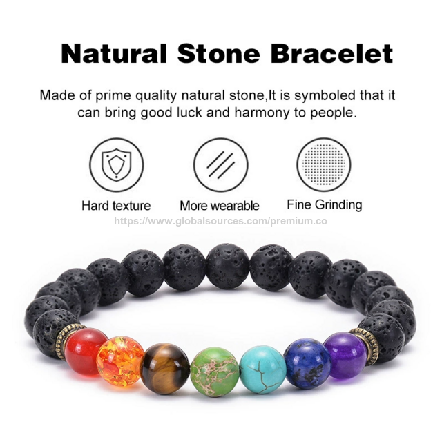 Pulsera Elástica de 8mm con Piedras de Lava y 7 Chakras, Piedra Natural, Pulsera Ojo de Tigre para Hombre y Mujer