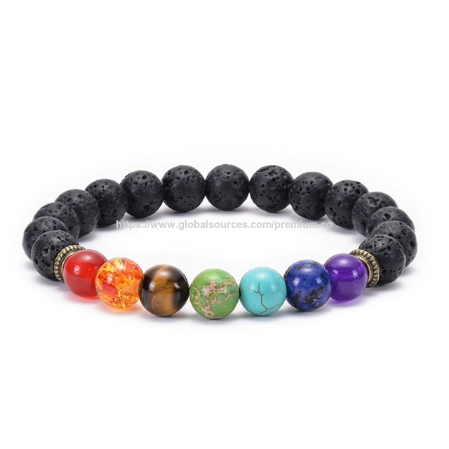 Pulsera Elástica de 8mm con Piedras de Lava y 7 Chakras, Piedra Natural, Pulsera Ojo de Tigre para Hombre y Mujer