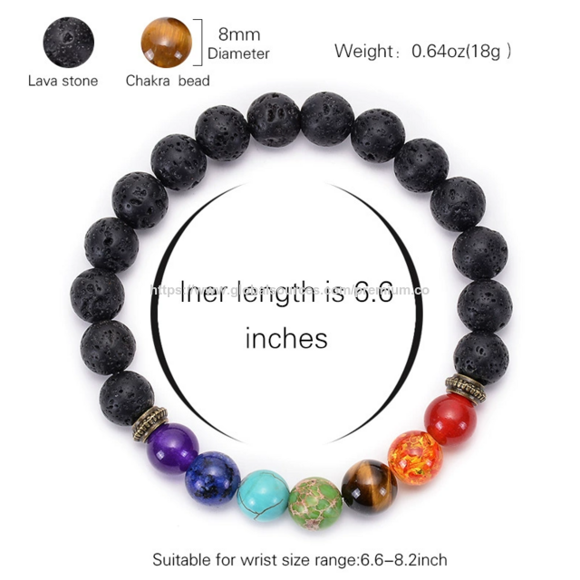 Pulsera Elástica de 8mm con Piedras de Lava y 7 Chakras, Piedra Natural, Pulsera Ojo de Tigre para Hombre y Mujer