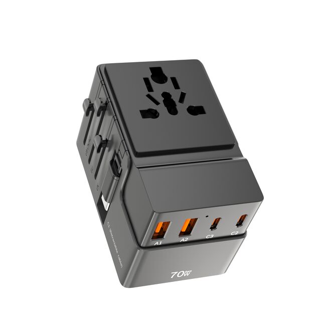 Foxcan GaN 2USB-C+2USB-A 70W Universal Einziehbarer Typ-C Reiseadapter PD QC3.0 Laptop mit Kabelstecker Frankreich Spanien Australien