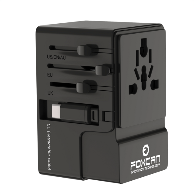 Foxcan GaN 2USB-C+2USB-A 70W Universal Einziehbarer Typ-C Reiseadapter PD QC3.0 Laptop mit Kabelstecker Frankreich Spanien Australien
