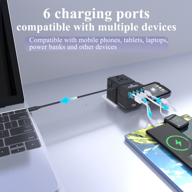 Foxcan GaN 2USB-C+2USB-A 70W Universal Einziehbarer Typ-C Reiseadapter PD QC3.0 Laptop mit Kabelstecker Frankreich Spanien Australien