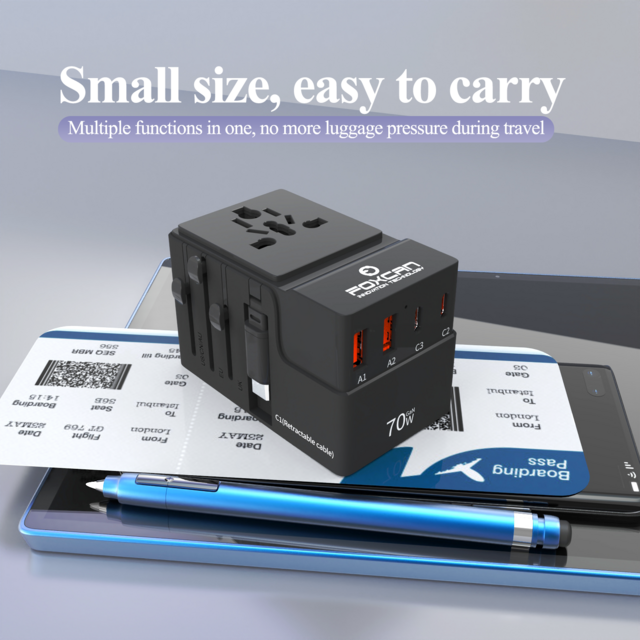 Foxcan GaN 2USB-C+2USB-A 70W Universal Einziehbarer Typ-C Reiseadapter PD QC3.0 Laptop mit Kabelstecker Frankreich Spanien Australien