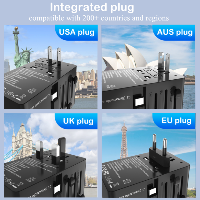 Foxcan GaN 2USB-C+2USB-A 70W Universal Einziehbarer Typ-C Reiseadapter PD QC3.0 Laptop mit Kabelstecker Frankreich Spanien Australien