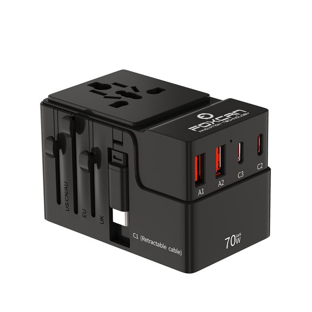 Foxcan GaN 2USB-C+2USB-A 70W Universal Einziehbarer Typ-C Reiseadapter PD QC3.0 Laptop mit Kabelstecker Frankreich Spanien Australien