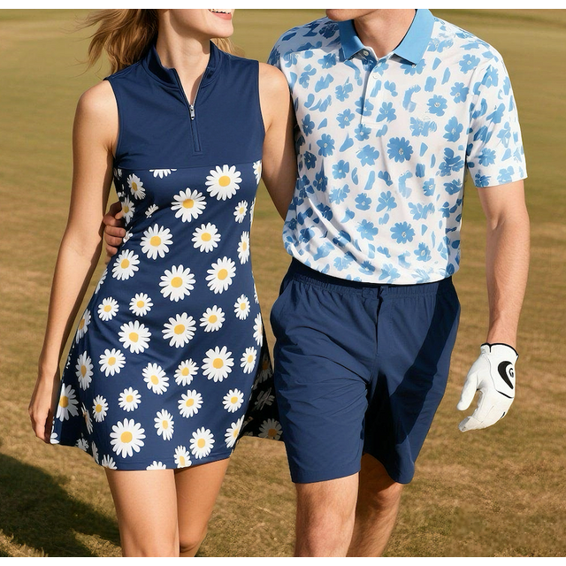 Ropa de golf suave para hombre con impresión personalizada, conjuntos deportivos transpirables para parejas de tenis y béisbol, vestido de golf azul para mujer