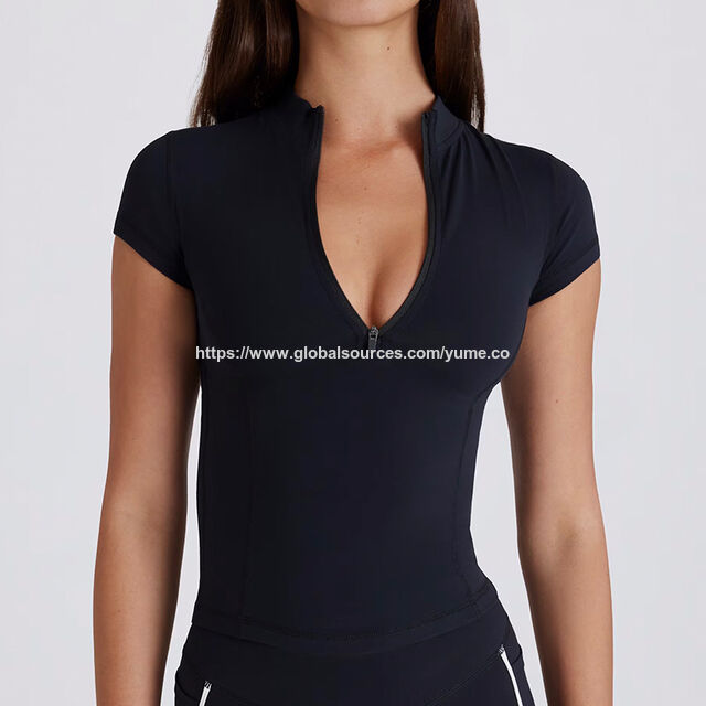 Yoga-T-Shirts mit Stehkragen und halbem Reißverschluss, eng anliegende, schlank machende Oberteile für Damen, atmungsaktive, schnell trocknende Yoga-Shirts mit kurzen Ärmeln