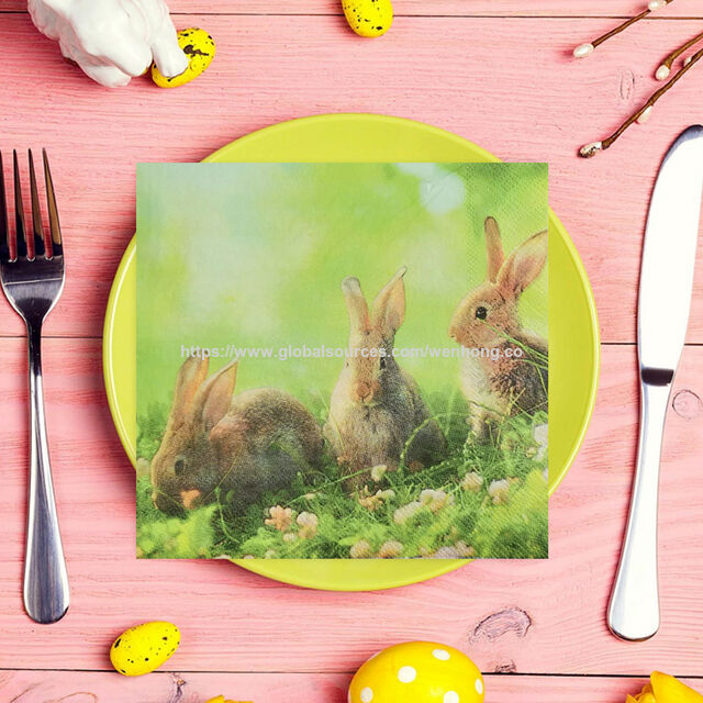Servilletas de Papel Ecológicas de Pascua, Diseño de Conejo en Acuarela, 20 Unidades, para Bebidas y Almuerzos, Ideal para Fiestas y Celebraciones