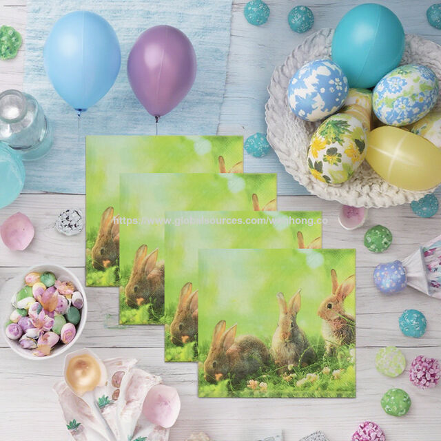 Servilletas de Papel Ecológicas de Pascua, Diseño de Conejo en Acuarela, 20 Unidades, para Bebidas y Almuerzos, Ideal para Fiestas y Celebraciones