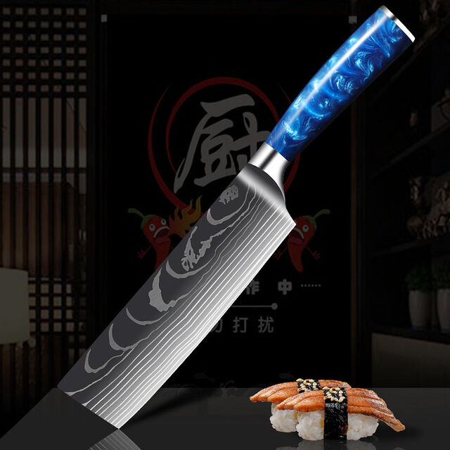 Ensemble de 10 Couteaux de Cuisine Damas avec Manches Ergonomiques en Résine Bleue