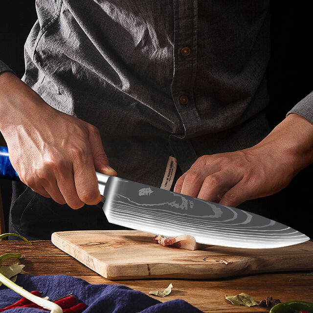 Ensemble de 10 Couteaux de Cuisine Damas avec Manches Ergonomiques en Résine Bleue