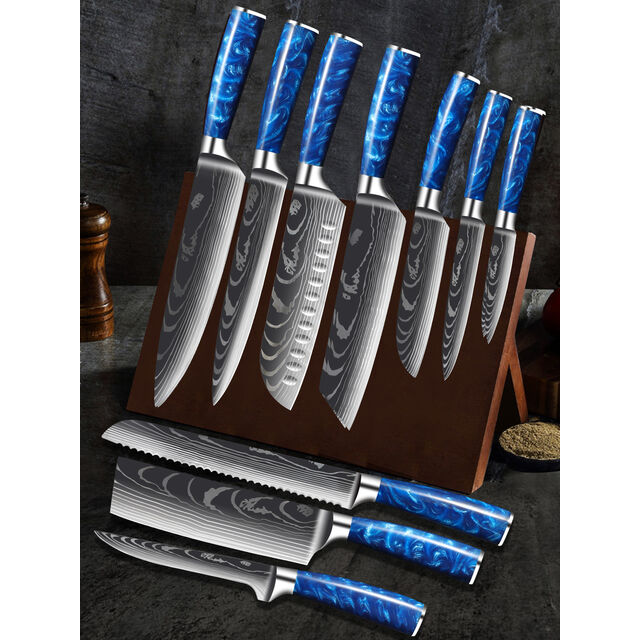Ensemble de 10 Couteaux de Cuisine Damas avec Manches Ergonomiques en Résine Bleue
