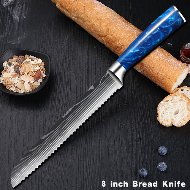 Ensemble de 10 Couteaux de Cuisine Damas avec Manches Ergonomiques en Résine Bleue