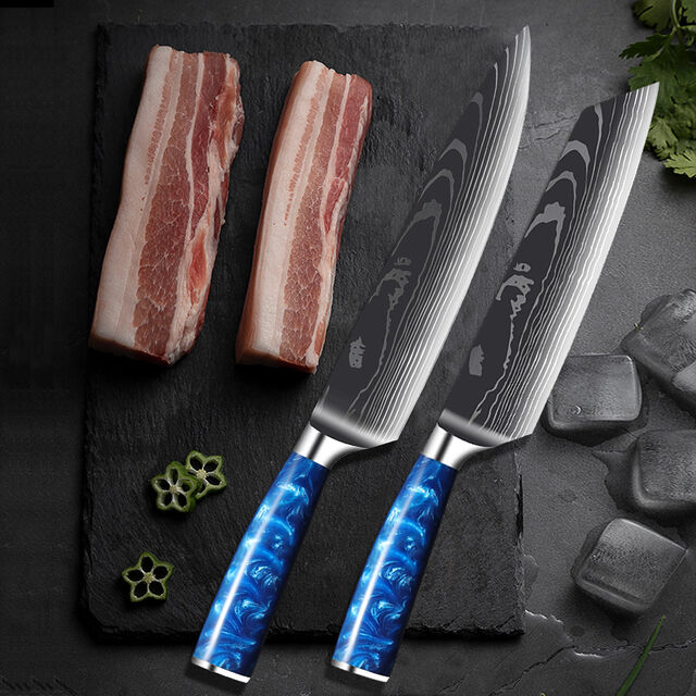 Ensemble de 10 Couteaux de Cuisine Damas avec Manches Ergonomiques en Résine Bleue