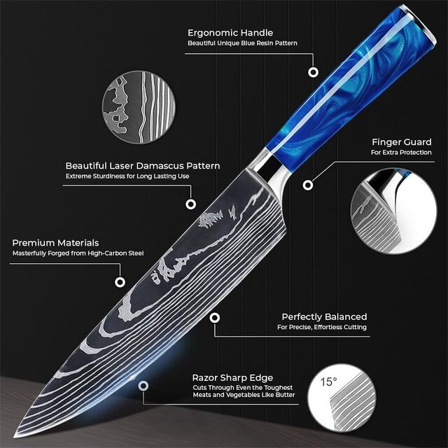 Ensemble de 10 Couteaux de Cuisine Damas avec Manches Ergonomiques en Résine Bleue
