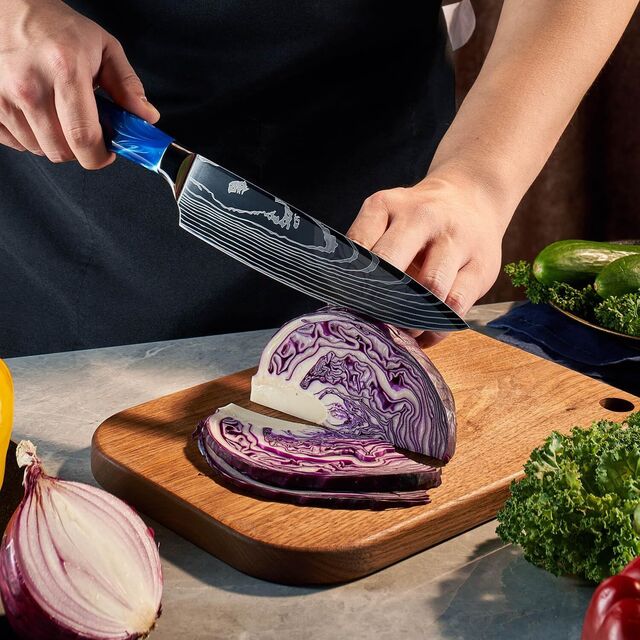 Ensemble de 10 Couteaux de Cuisine Damas avec Manches Ergonomiques en Résine Bleue