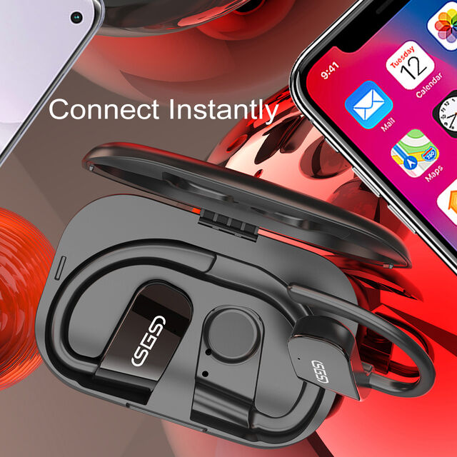 Fones de ouvido Bluetooth sem fio pretos com gancho de orelha