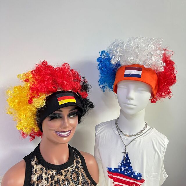 Peruca Afro de Fã da Copa do Mundo com Bandeira e Faixa de Cabelo, Conjunto de Perucas Tricolor para Torcedores de Futebol, Fantasia para Dia de Jogo e Acessórios de Festa