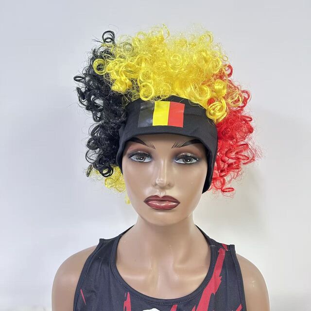 Peruca Afro de Fã da Copa do Mundo com Bandeira e Faixa de Cabelo, Conjunto de Perucas Tricolor para Torcedores de Futebol, Fantasia para Dia de Jogo e Acessórios de Festa