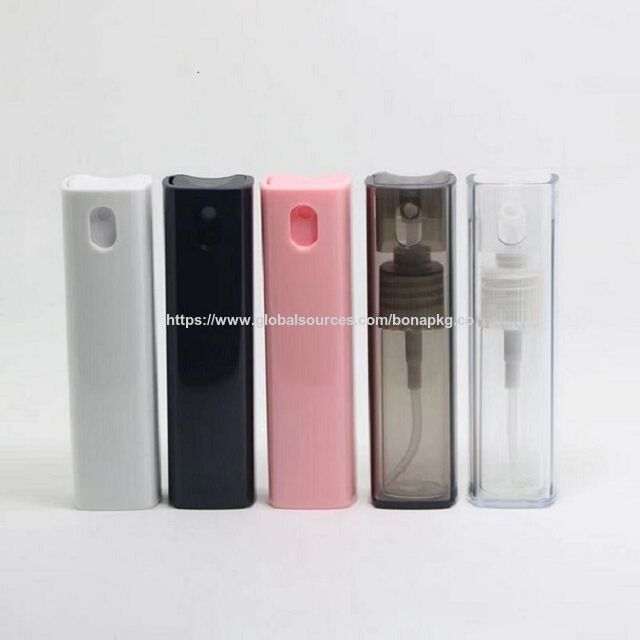 Venta caliente de frasco de perfume cuadrado de plástico con atomizador y envase de frasco de perfume de 10 ml