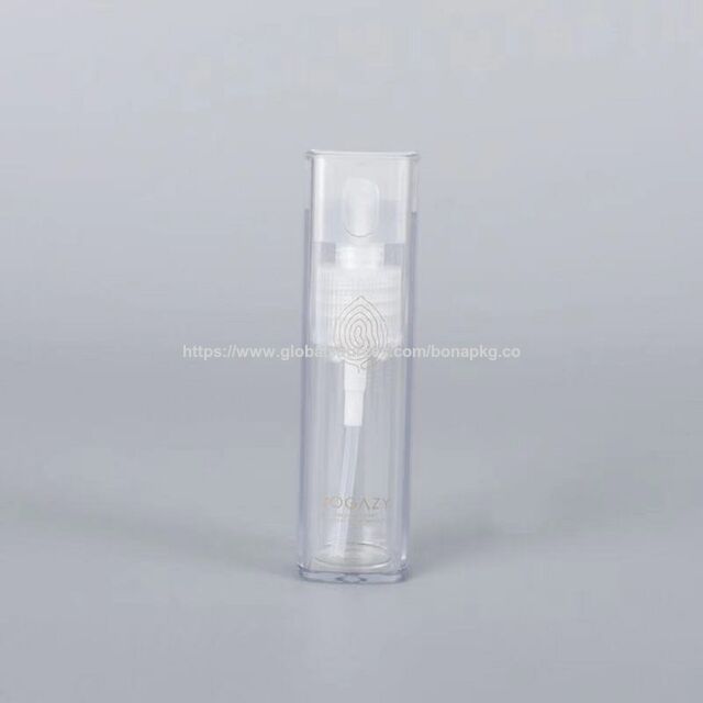 Venta caliente de frasco de perfume cuadrado de plástico con atomizador y envase de frasco de perfume de 10 ml