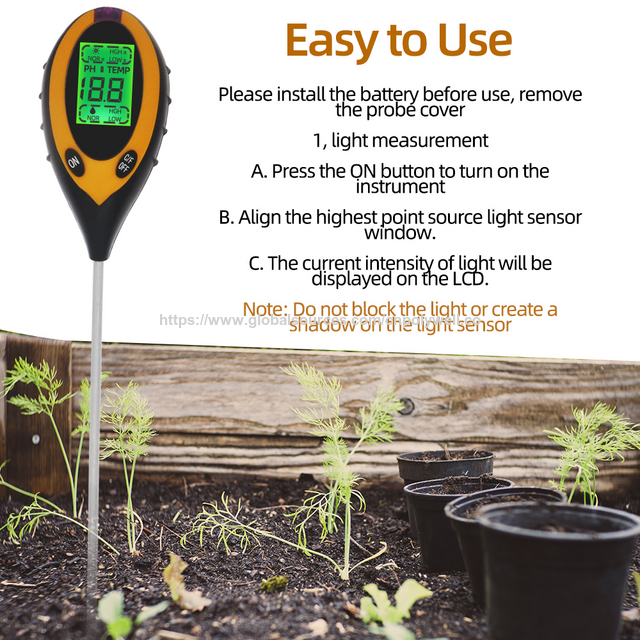 Probador de suelo 4 en 1 Herramienta promocional para el cuidado de plantas para pH, humedad, luz, temperatura Medidor de suelo esencial Termómetro para jardineros