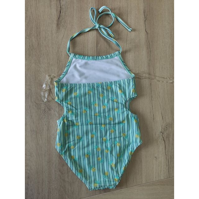 Fato de Banho de Uma Peça com Halter para Meninas, Estampa de Abacaxi com Listras Turquesa, Design Vazado, Roupa de Praia Sem Costas para Crianças