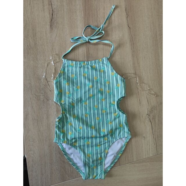 Fato de Banho de Uma Peça com Halter para Meninas, Estampa de Abacaxi com Listras Turquesa, Design Vazado, Roupa de Praia Sem Costas para Crianças