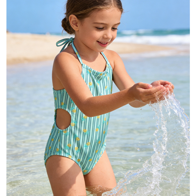 Fato de Banho de Uma Peça com Halter para Meninas, Estampa de Abacaxi com Listras Turquesa, Design Vazado, Roupa de Praia Sem Costas para Crianças