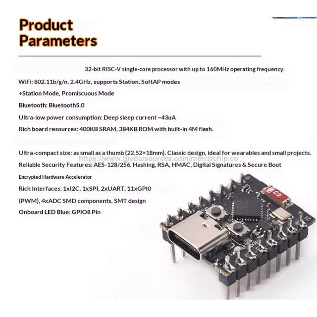 Carte de développement Super Mini ESP32-C3 avec module WiFi+ et Flash 4M ESP32-C3