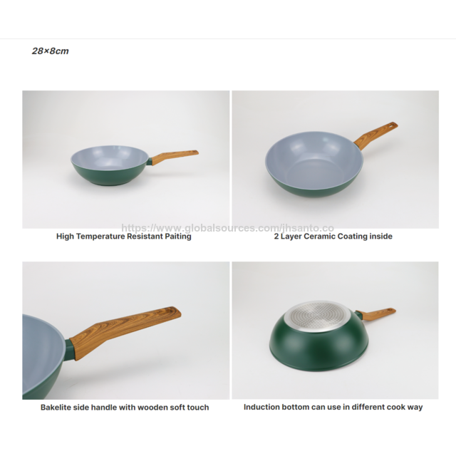 Wok/Marmite en aluminium forgé avec revêtement céramique 26/28 cm, fond à induction et manche en bois doux au toucher - Fournisseur direct