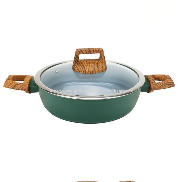 Wok/Marmite en aluminium forgé avec revêtement céramique 26/28 cm, fond à induction et manche en bois doux au toucher - Fournisseur direct