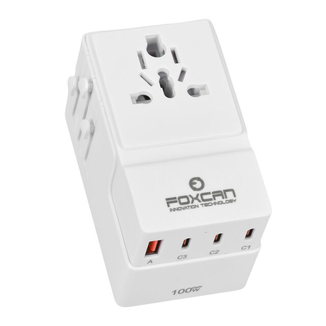 Foxcan Adaptador de Viaje Universal Multipropósito de Carga Rápida de 4 Puertos, Mini Adaptador de Viaje GaN de 100W Todo en Uno