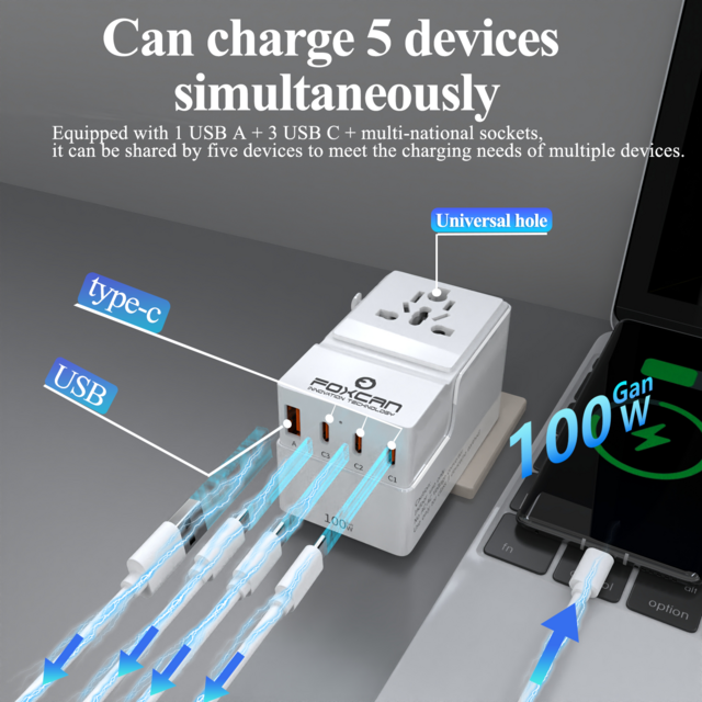 Foxcan Adaptador de Viaje Universal Multipropósito de Carga Rápida de 4 Puertos, Mini Adaptador de Viaje GaN de 100W Todo en Uno