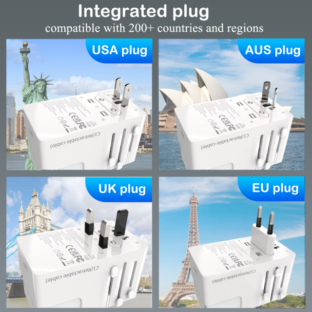 Foxcan Adaptador de Viaje Universal Multipropósito de Carga Rápida de 4 Puertos, Mini Adaptador de Viaje GaN de 100W Todo en Uno