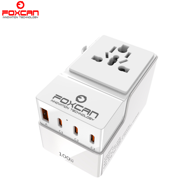 Foxcan Adaptador de Viaje Universal Multipropósito de Carga Rápida de 4 Puertos, Mini Adaptador de Viaje GaN de 100W Todo en Uno