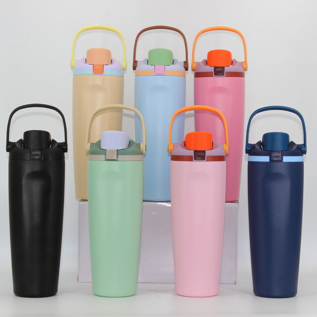 Grand gobelet de sport isotherme à double paroi de 30 oz avec poignée, bouteille d'eau à vide en acier inoxydable avec paille et couvercles
