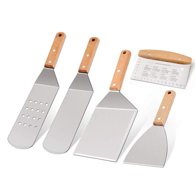 Ensemble Professionnel de Spatules - Tourne-Crêpes en Acier Inoxydable et Racloir pour Plancha, Tourne-Burger surdimensionné pour Grill BBQ